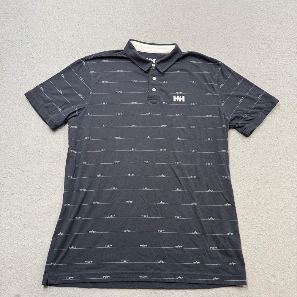 Helly Hansen Polo Shirt Men's Large Navy Blue Paper Boat Graphic Summer Preppy